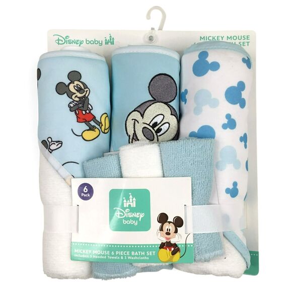 Disney Mickey Mouse Set  3 Hooded Bath Towels 3 Washcloths Infant Blue White NEW - Picture 8 of 8